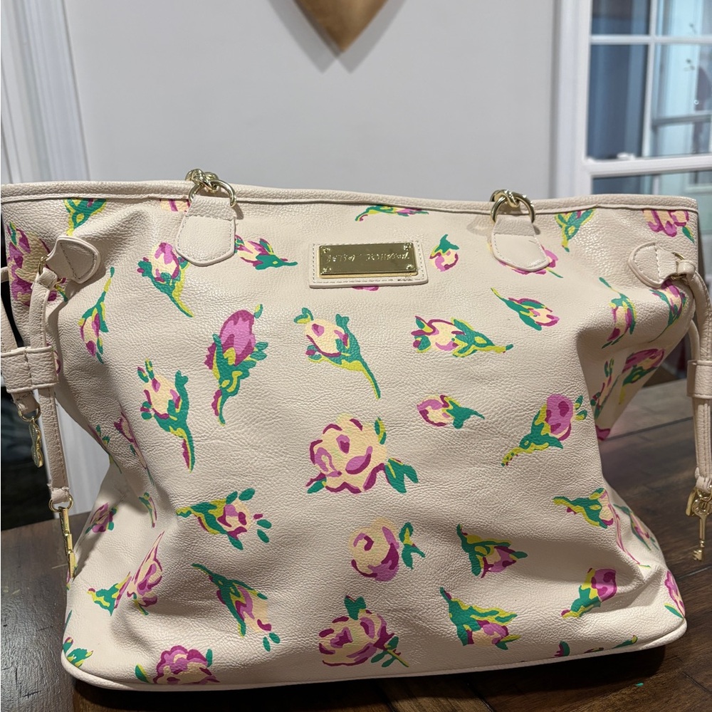 Betsey Johnson Floral Tote Bag | Tan Purse with Floral Pink Lining